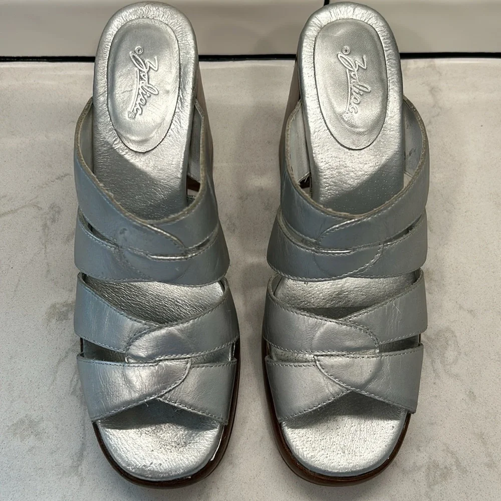 Zodiac Hype Leather Wood Platform Silver Metallic Retro Stacked Heels Size 9